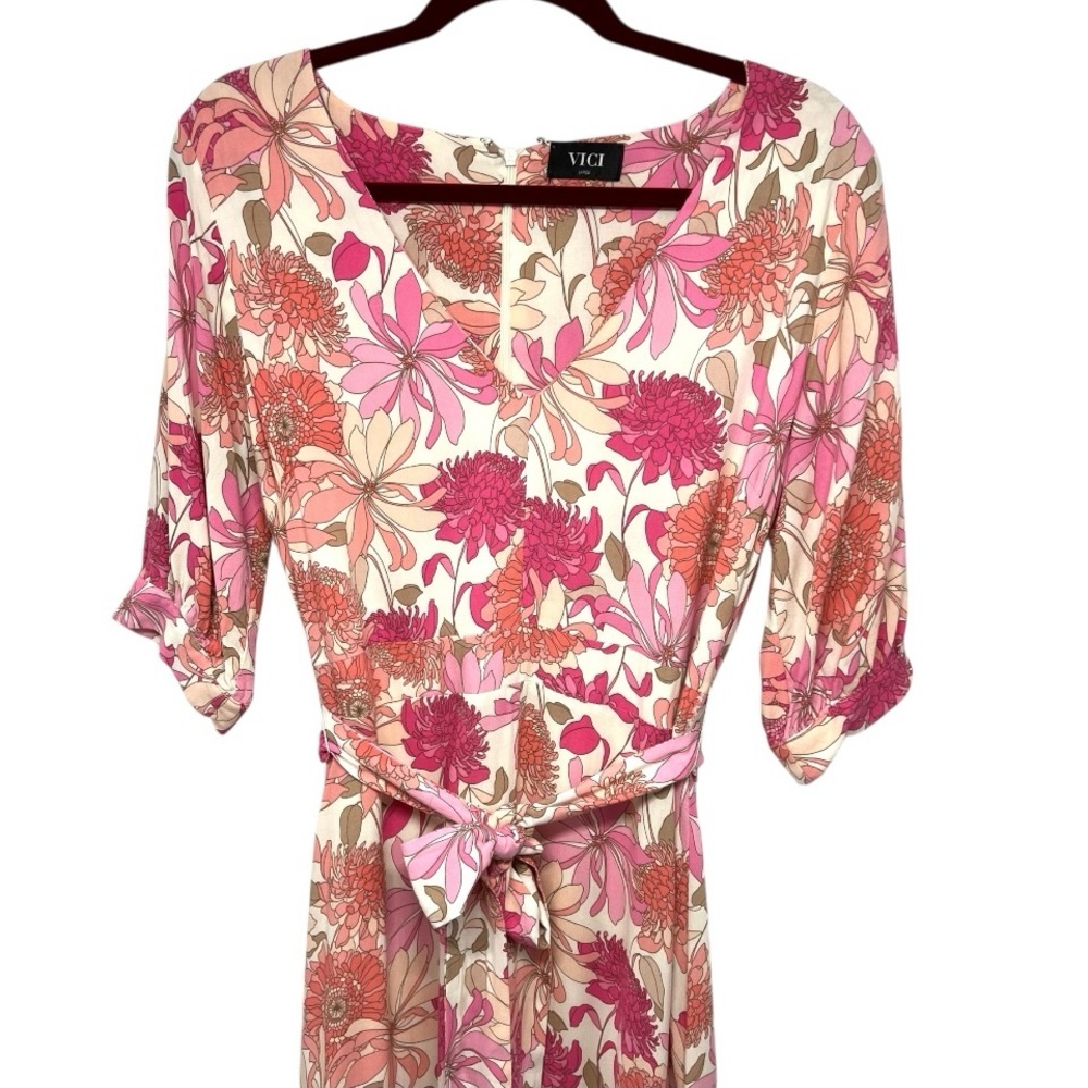 Vici Pink Floral V Neck Half Sleeve A-Line Long Maxi Dress Women’s Large - Picture 4 of 11